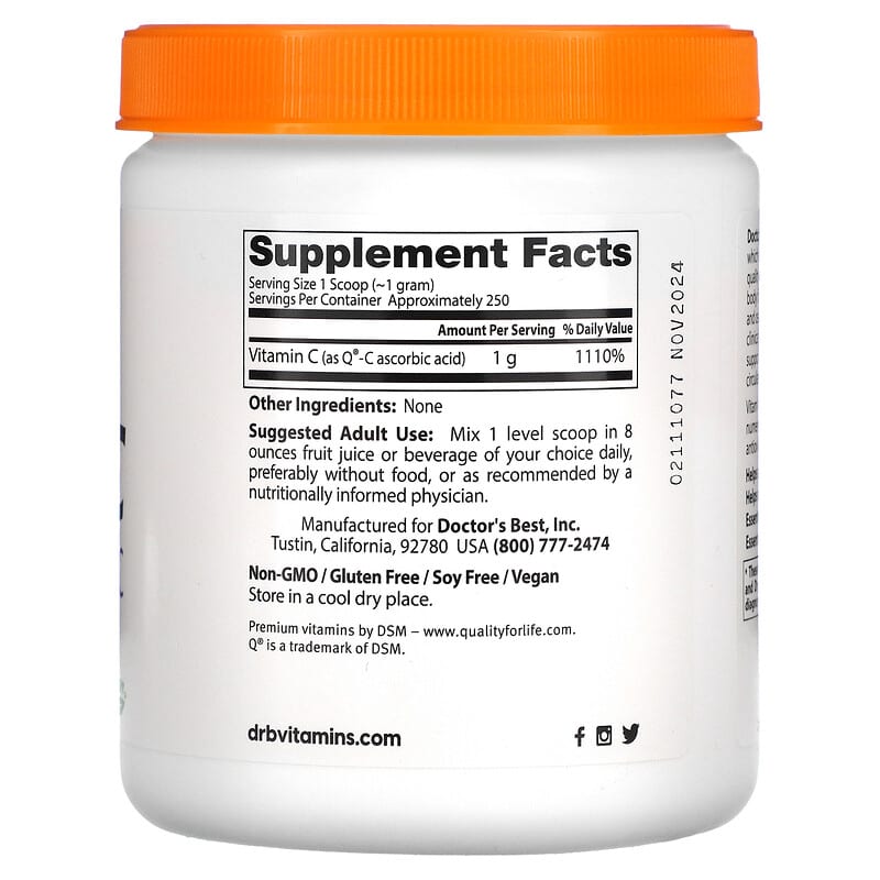 Doctor's Best Pure Vitamin C Powder with Q-C 8.8 oz (250 g) 2 Thực phẩm bổ sung Doctor's Best Pure Vitamin C Powder with Q-C 8.8 oz (250 g) 753950003330
