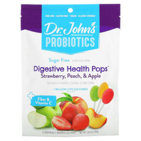 Thực phẩm chức năng Dr. John's Healthy Sweets Probiotics Digestive Health Pops + Fiber & Vitamin C Strawberry Peach & Apple Sugar Free 1 Billion 14 Individually Wrapped Lollipops 3.85 oz (109 g) 605245006383