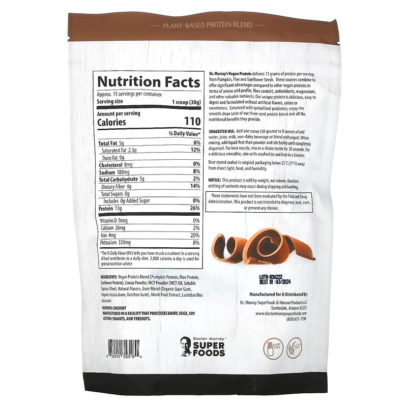 Dr. Murray's Super Foods 3 Seed (Pumpkin Flax Sunflower) Vegan Protein Powder Chocolate 16 oz (453.5 g) 2 Thực phẩm bổ sung Dr. Murray's Super Foods 3 Seed (Pumpkin Flax Sunflower) Vegan Protein Powder Chocolate 16 oz (453.5 g) 850010353180