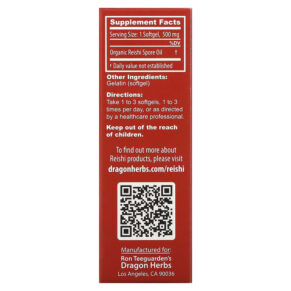 Thực phẩm bổ sung Dragon Herbs (Ron Teeguarden) Duanwood Reishi Spore Oil 500 mg 30 Softgels 679372005885