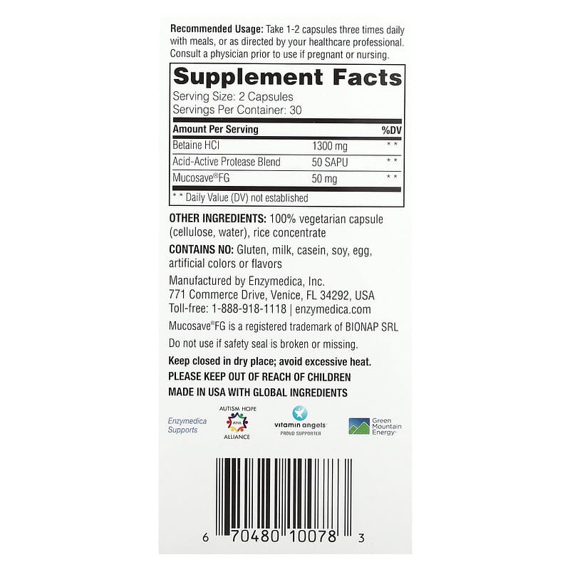 Enzymedica Fast-Acting Betaine HCI 60 Capsules 2 Thực phẩm bổ sung Enzymedica Fast-Acting Betaine HCI 60 Capsules 670480100783