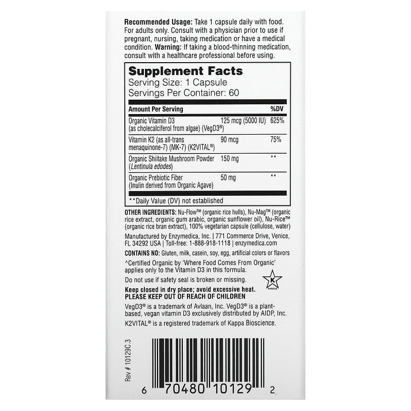Enzymedica Organic D3 + Vitamin K2 60 Capsules 2 Thực phẩm bổ sung Enzymedica Organic D3 + Vitamin K2 60 Capsules 670480101292