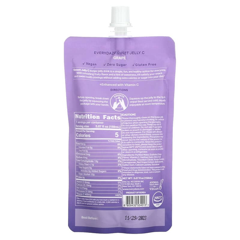 Everydaze Sweet Jelly C Plant Based Konjac Jelly Drink Grape 5.02 fl oz (150 ml) 2 Thực phẩm bổ sung Everydaze Sweet Jelly C Plant Based Konjac Jelly Drink Grape 5.02 fl oz (150 ml) 8809432534013