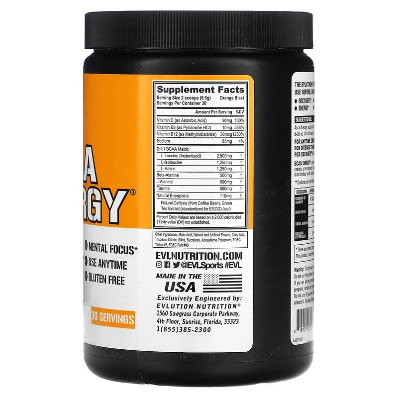 EVLution Nutrition BCAA ENERGY Orange Blast 10.1 oz (285 g) 2 Thực phẩm bổ sung EVLution Nutrition BCAA ENERGY Orange Blast 10.1 oz (285 g) 818901025127