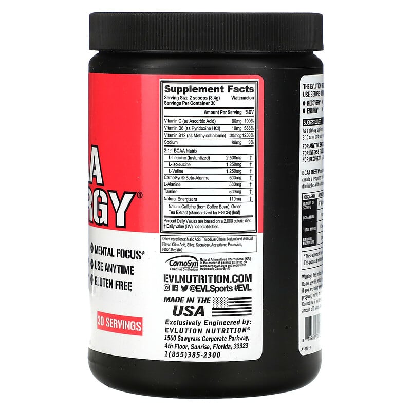 EVLution Nutrition BCAA ENERGY Watermelon 8.89 oz (252 g) 2 Thực phẩm bổ sung EVLution Nutrition BCAA ENERGY Watermelon 8.89 oz (252 g) 818901020177