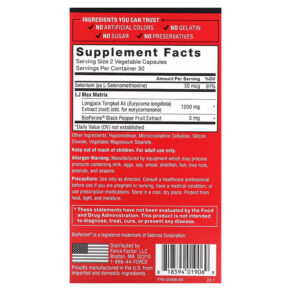 Thực phẩm bổ sung Force Factor Fundamentals LongJack Tongkat Ali Max 1.200 mg 60 Vegetable Capsules 818594019069