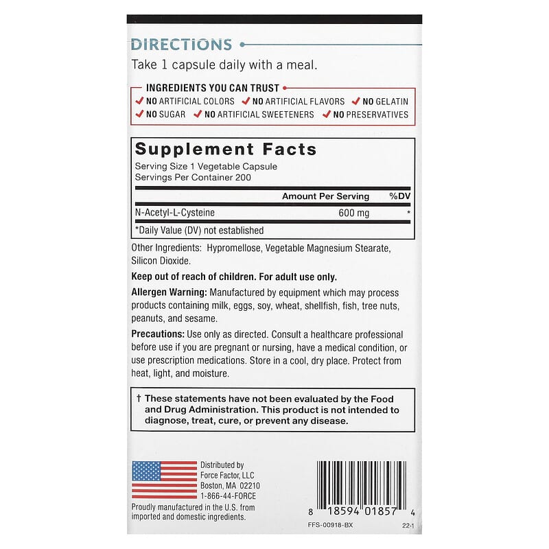 Force Factor Fundamentals NAC N-Acetyl-L-Cysteine 600 mg 200 Vegetable Capsules 2 Thực phẩm bổ sung Force Factor Fundamentals NAC N-Acetyl-L-Cysteine 600 mg 200 Vegetable Capsules 818594018574