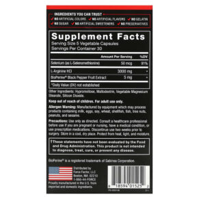 Thực phẩm bổ sung Force Factor L-Arginine 600 mg 150 Capsules 818594015252