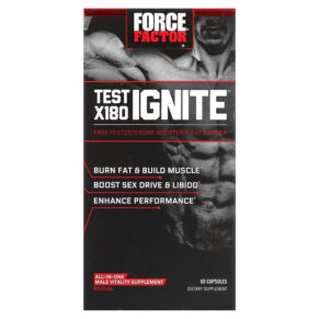 Thực phẩm chức năng Force Factor Test X180 Ignite Free Testosterone Booster & Fat Burner 60 Capsules 818594013296