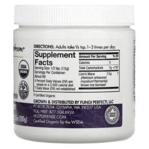 Thực phẩm bổ sung Fungi Perfecti Host Defense Lion's Mane Mushroom Mycelium Powder Memory & Nerve Support 3.5 oz (100 g) 633422306964