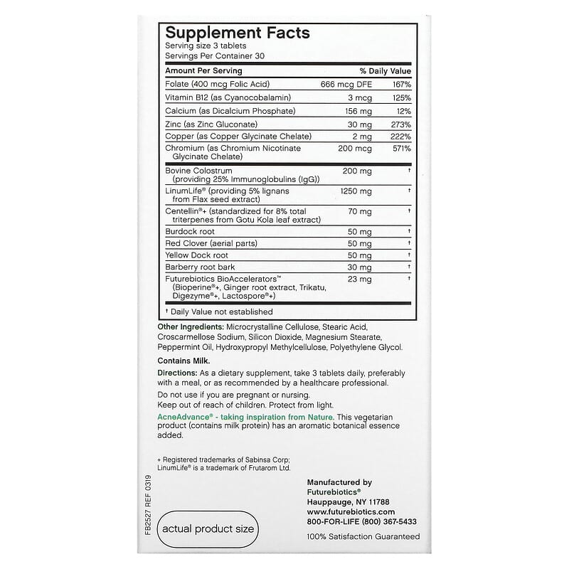 Futurebiotics Acne Advance with Colostrum 90 Vegetarian Tablets 2 Thực phẩm bổ sung Futurebiotics Acne Advance with Colostrum 90 Vegetarian Tablets 049479025275