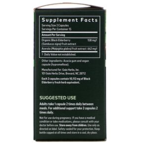 Thực phẩm bổ sung Gaia Herbs Black Elderberry with Acerola Fruit 30 Vegan Capsules 751063403726