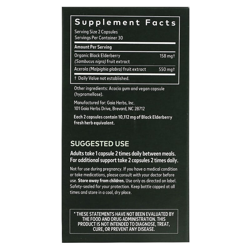 Gaia Herbs Black Elderberry with Acerola Fruit 60 Vegan Capsules 2 Thực phẩm bổ sung Gaia Herbs Black Elderberry with Acerola Fruit 60 Vegan Capsules 751063400602