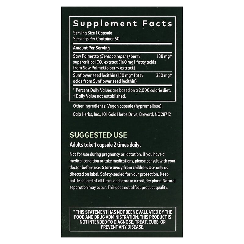 Gaia Herbs Saw Palmetto for Men 60 Vegan Liquid Phyto-Caps 2 Thực phẩm bổ sung Gaia Herbs Saw Palmetto for Men 60 Vegan Liquid Phyto-Caps 751063395724