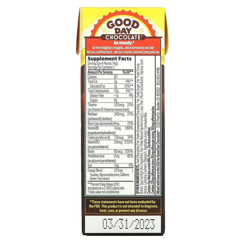 Good Day Chocolate Energy Supplement 8 Candy Coated Pieces 2 Thực phẩm bổ sung Good Day Chocolate Energy Supplement 8 Candy Coated Pieces 858982004000