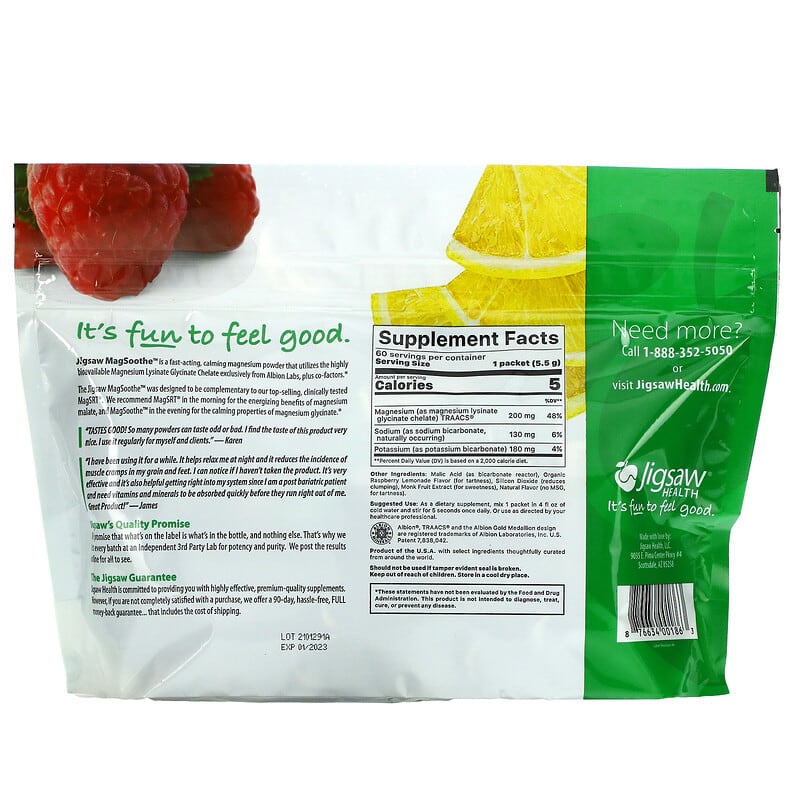 Jigsaw Health MagSoothe Tart Raspberry Lemonade 60 Packets 330 g 2 Thực phẩm bổ sung Jigsaw Health MagSoothe Tart Raspberry Lemonade 60 Packets 330 g 876634001863