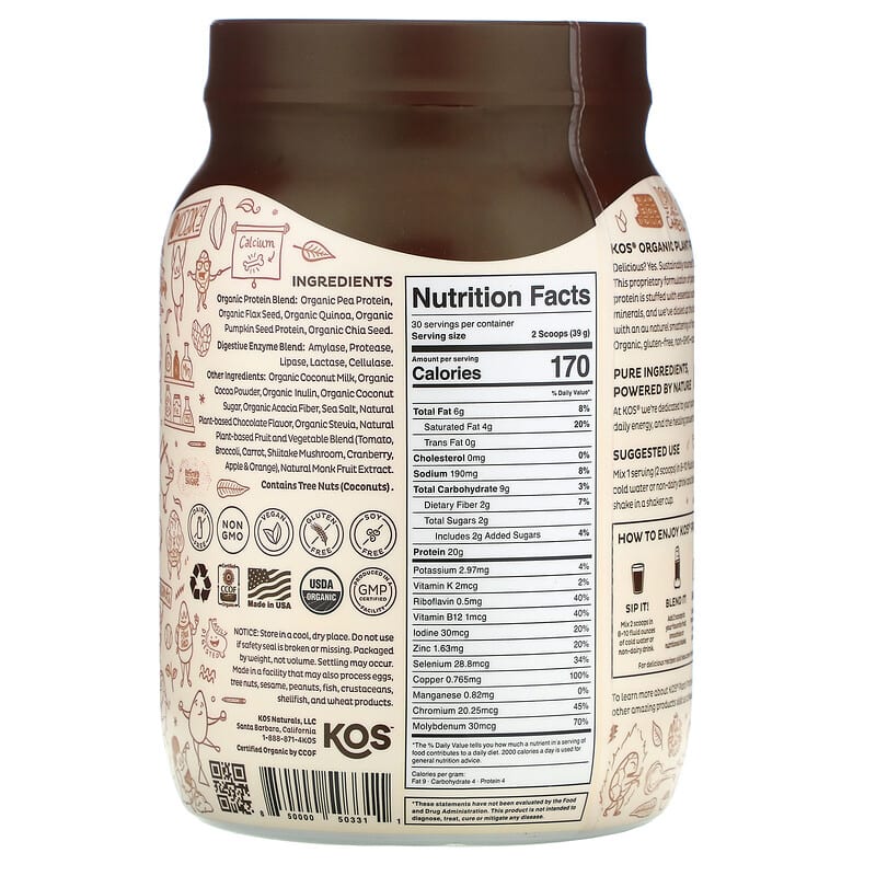 KOS Organic Plant Protein Chocolate 2.6 lb (1.170 g) 2 Thực phẩm bổ sung KOS Organic Plant Protein Chocolate 2.6 lb (1.170 g) 850000503311