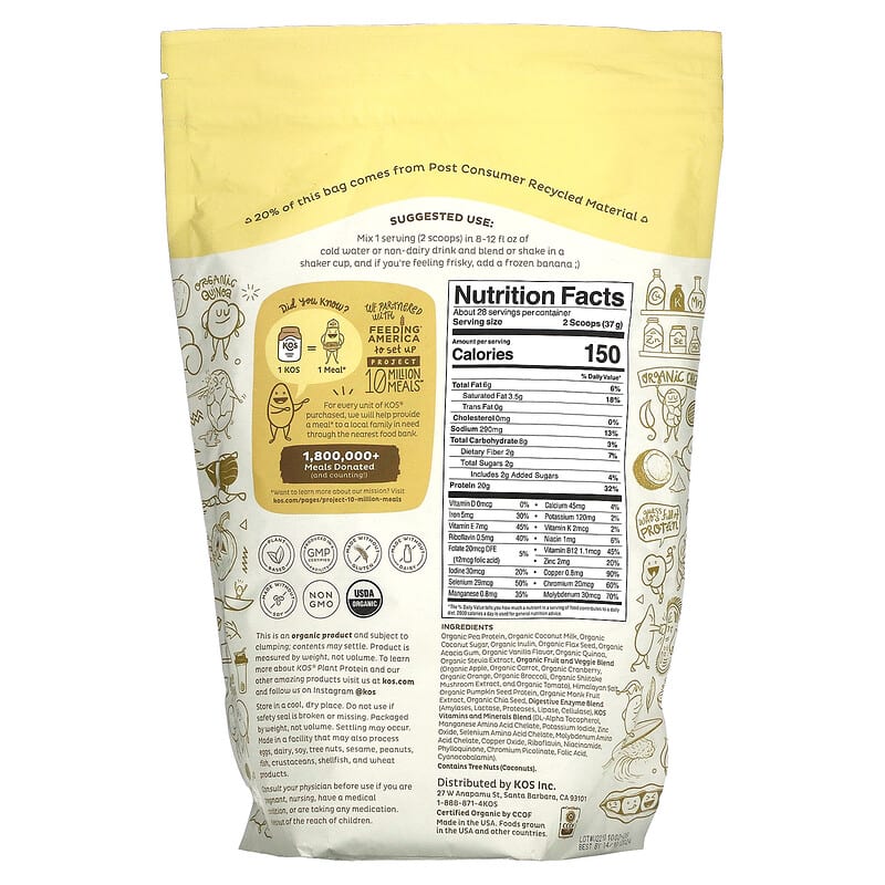 KOS Organic Plant Protein Vanilla 2.3 lb (1.036 g) 2 Thực phẩm bổ sung KOS Organic Plant Protein Vanilla 2.3 lb (1.036 g) 850000503809
