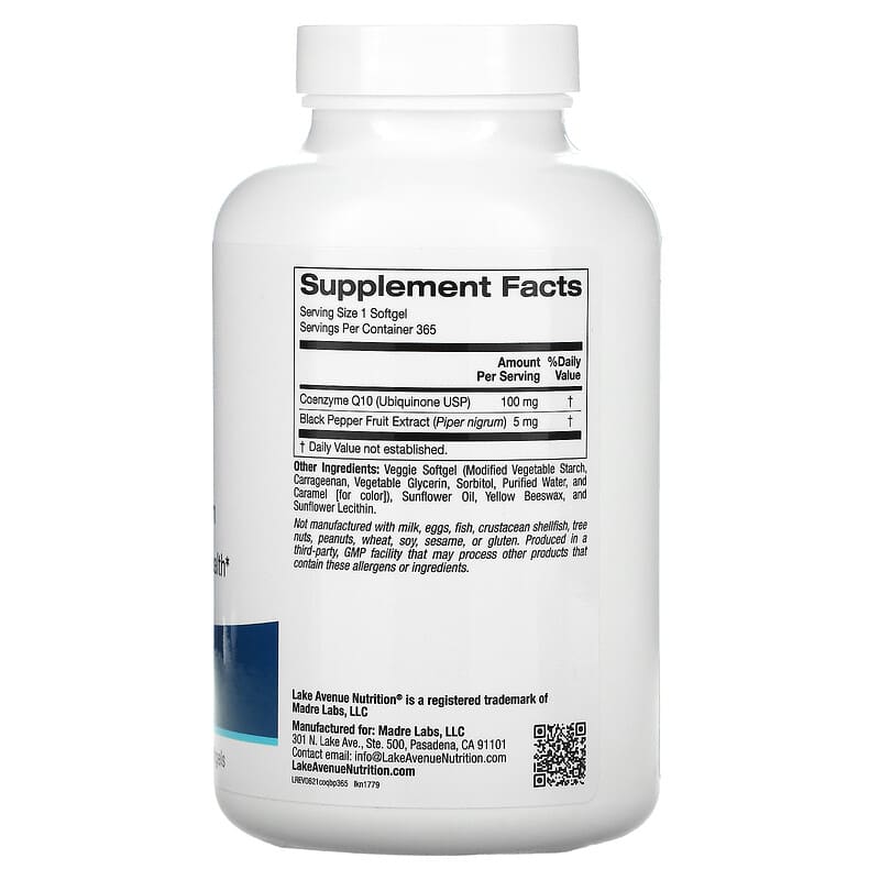 Lake Avenue Nutrition CoQ10 Plus Bioperine 100 mg 365 Veggie Softgels 2 Thực phẩm bổ sung Lake Avenue Nutrition CoQ10 Plus Bioperine 100 mg 365 Veggie Softgels 898220017799
