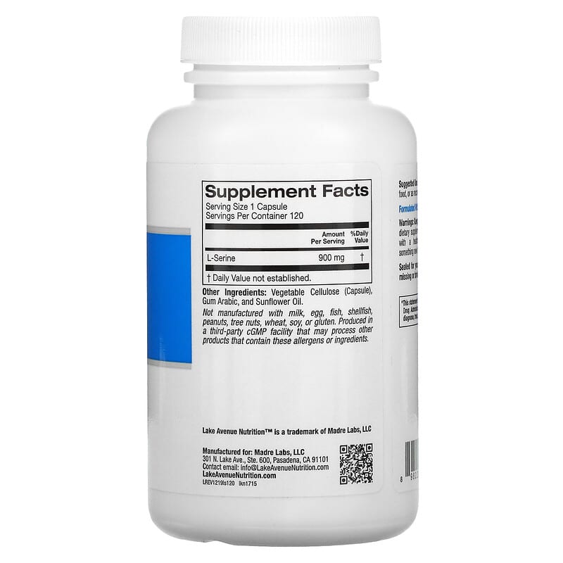 Lake Avenue Nutrition L-Serine 900 mg 120 Veggie Capsules 2 Thực phẩm bổ sung Lake Avenue Nutrition L-Serine 900 mg 120 Veggie Capsules 898220017157