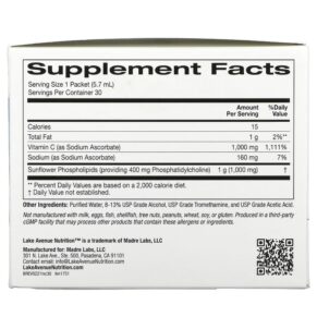 Thực phẩm bổ sung Lake Avenue Nutrition Liposomal Vitamin C Unsweetened 1.000 mg 30 Packets 0.2 oz (5.7 ml) Each 898220017515