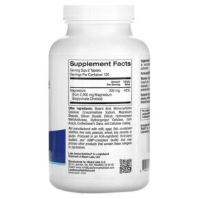 Thực phẩm bổ sung Lake Avenue Nutrition Magnesium Bisglycinate Chelate with TRAACS® 100 mg 240 Tablets 898220016730