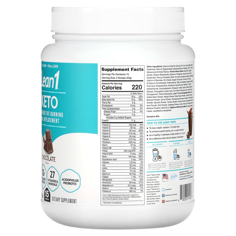 Lean1 Keto Ketogenic Fat Burning Meal Replacement Chocolate 1.4 lb (645 g) 2 Thực phẩm bổ sung Lean1 Keto Ketogenic Fat Burning Meal Replacement Chocolate 1.4 lb (645 g) 810033014567