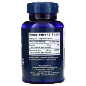 Thực phẩm bổ sung Life Extension Pantothenic Acid Vitamin B-5 500 mg 100 Vegetarian Capsules 737870202813
