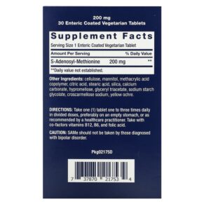 Thực phẩm bổ sung Life Extension SAMe S-Adenosyl-Methionine 200 mg 30 Enteric Coated Vegetarian Tablets 737870217534