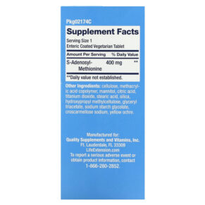Thực phẩm bổ sung Life Extension SAMe S-Adenosyl-Methionine 400 mg 60 Enteric Coated Vegetarian Tablets 737870217466