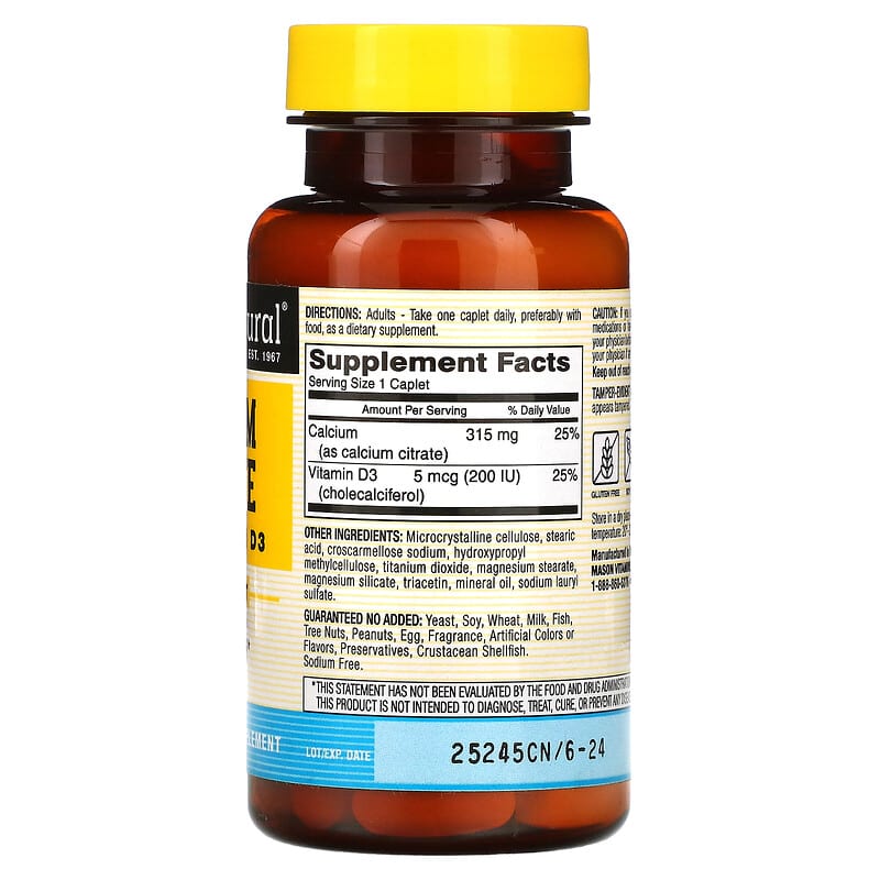 Mason Natural Calcium Citrate Plus Vitamin D3 60 Caplets 2 Thực phẩm bổ sung Mason Natural Calcium Citrate Plus Vitamin D3 60 Caplets 311845123756