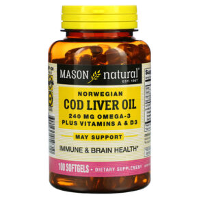 Thực phẩm chức năng Mason Natural Norwegian Cod Liver Oil Plus Vitamins A & D3 100 Softgels 311845059710