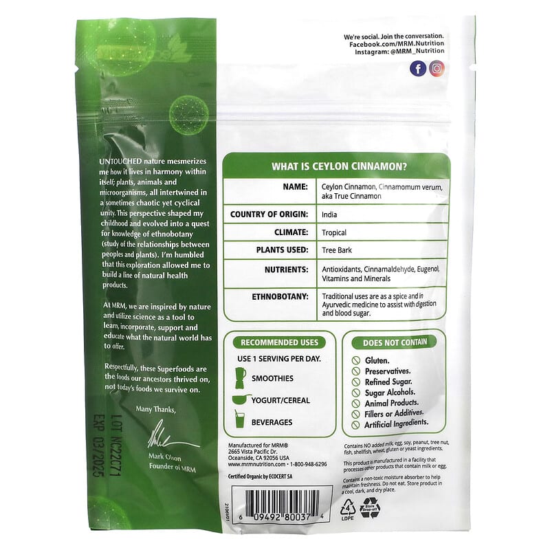MRM Nutrition Organic Ceylon Cinnamon Powder 4 oz (113 g) 2 Thực phẩm bổ sung MRM Nutrition Organic Ceylon Cinnamon Powder 4 oz (113 g) 609492800374