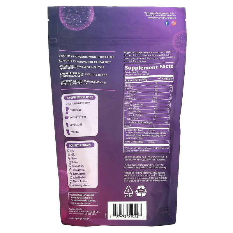 MRM Nutrition Whole Food Organic Fiber with Enzymes and Prebiotics 9.03 oz (256 g) 2 Thực phẩm bổ sung MRM Nutrition Whole Food Organic Fiber with Enzymes and Prebiotics 9.03 oz (256 g) 609492310521