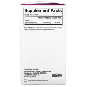 Thực phẩm bổ sung Natural Factors B12 Methylcobalamin Cherry 10.000 mcg 30 Chewable Tablets 068958012445