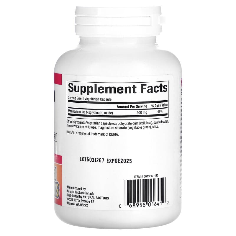 Natural Factors Magnesium Bisglycinate 200 mg 120 Vegetarian Capsules 2 Thực phẩm bổ sung Natural Factors Magnesium Bisglycinate 200 mg 120 Vegetarian Capsules 068958016412