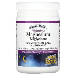 Thực phẩm chức năng Natural Factors Stress-Relax Nighttime Magnesium Bisglycinate with Melatonin Gaba & L-Theanine Tropical Fruit 4.23 oz (120 g) 068958035284
