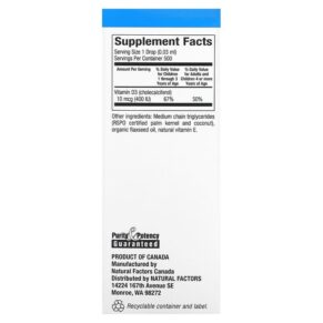 Thực phẩm bổ sung Natural Factors Vitamin D3 Drops for Kids Unflavored 10 mcg (400 IU) 0.5 fl oz (15 ml) 068958010588