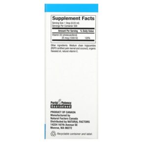 Thực phẩm bổ sung Natural Factors Vitamin D3 Drops Unflavored 25 mcg (1.000 IU) 0.5 fl oz (15 ml) 068958010557