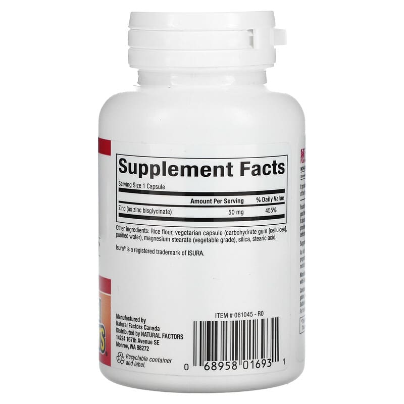Natural Factors Zinc Bisglycinate 50 mg 60 Vegetarian Capsules 2 Thực phẩm bổ sung Natural Factors Zinc Bisglycinate 50 mg 60 Vegetarian Capsules 068958016931