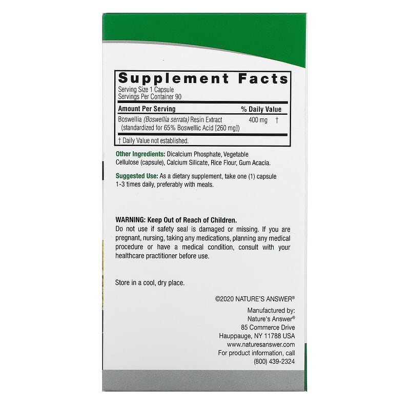 Nature's Answer Boswellia 400 mg 90 Vegetarian Capsules 2 Thực phẩm bổ sung Nature's Answer Boswellia 400 mg 90 Vegetarian Capsules 083000163661