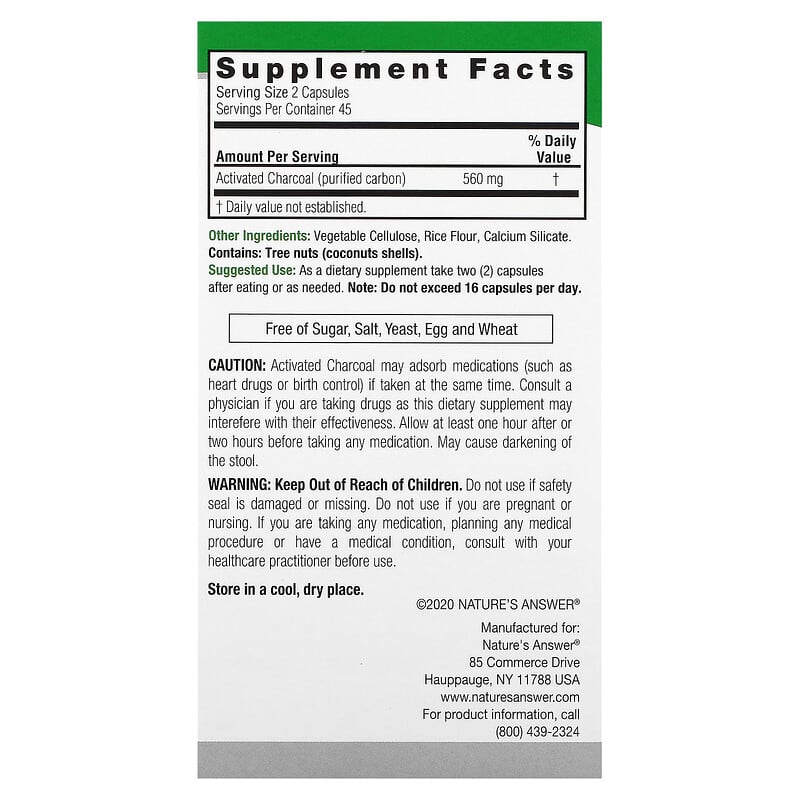 Nature's Answer Charcoal 280 mg 90 Vegetarian Capsules 2 Thực phẩm bổ sung Nature's Answer Charcoal 280 mg 90 Vegetarian Capsules 083000164675