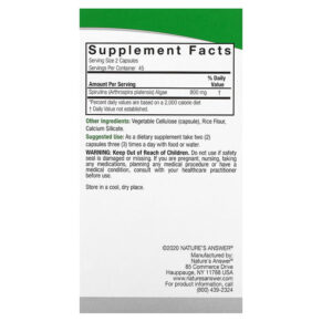 Thực phẩm bổ sung Nature's Answer Spirulina 400 mg 90 Vegetarian Capsules 083000163388