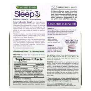 Thực phẩm bổ sung Nature's Bounty Sleep 3 Maximum Strength Drug-Free Sleep Aid 60 Tri-Layered Tablets 074312005268