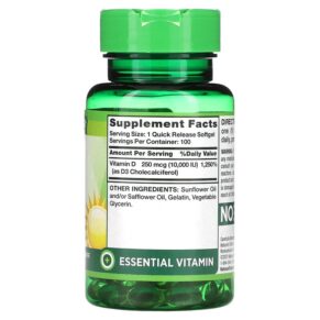 Thực phẩm bổ sung Nature's Truth High Potency Vitamin D3 250 mcg (10.000 IU) 100 Quick Release Softgels 840093100702