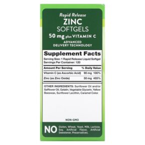 Thực phẩm bổ sung Nature's Truth Rapid Release Zinc Plus Vitamin C 50 mg 120 Rapid Release Liquid Softgels 840093115416