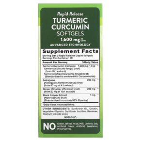 Thực phẩm bổ sung Nature's Truth Turmeric Curcumin plus Ginger Astragalus and Black Pepper Extract 800 mg 60 Rapid Release Liquid Softgels 840093112354