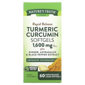 Thực phẩm chức năng Nature's Truth Turmeric Curcumin plus Ginger Astragalus and Black Pepper Extract 800 mg 60 Rapid Release Liquid Softgels 840093112354