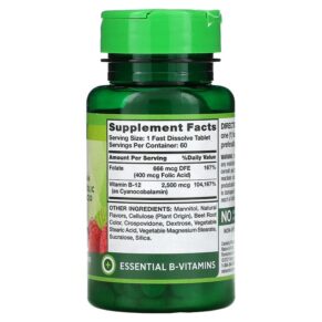 Thực phẩm bổ sung Nature's Truth Vitamin B-12 plus Folic Acid Natural Berry 2.500 mcg 60 Fast Dissolve Tablets 840093101778
