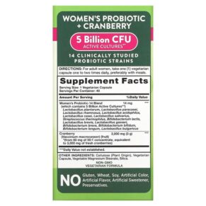 Thực phẩm bổ sung Nature's Truth Women's Probiotic + Cranberry 40 Vegetarian Capsules 840093112125